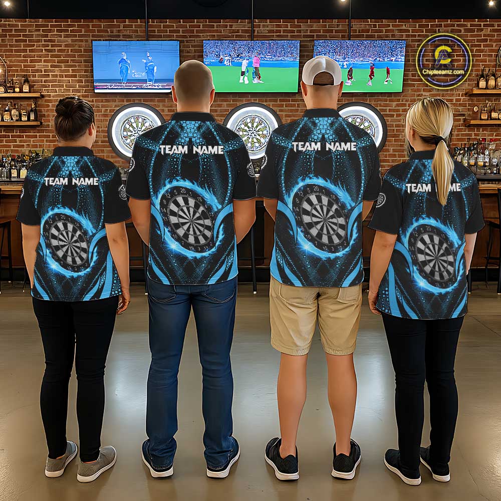 Custom Flaming Dragon Blue Digital Flow Men Darts Polo Team Shirt Dart League Jerseys NYN2177