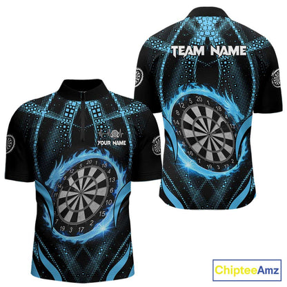 Custom Flaming Dragon Blue Digital Flow Men Darts Quarter-Zip Team Shirt Dart League Jerseys NYN2177