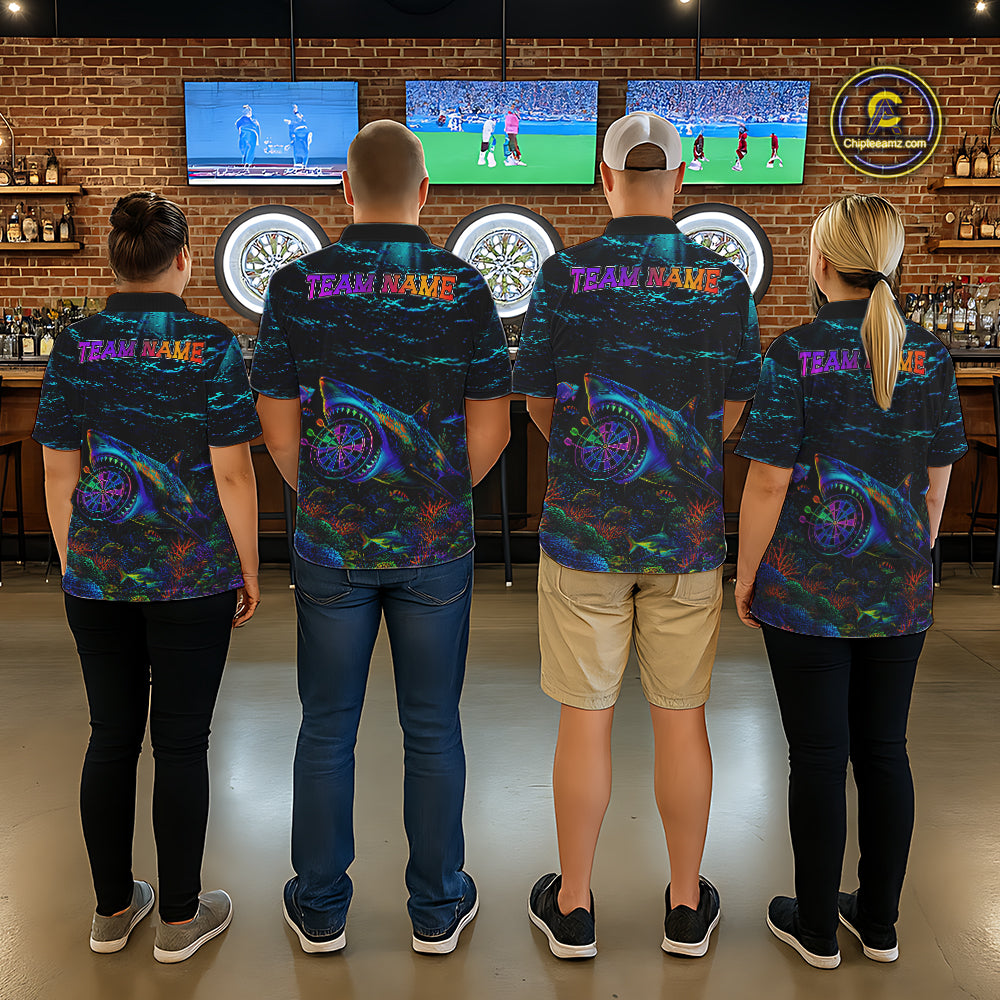 Personalized Ocean Blue Holographic Dartboard Womens Darts Shirt Custom Funny Shark Dart Team Jerseys NYN3203
