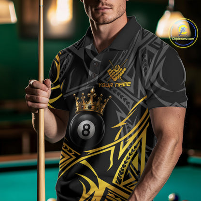 Male model wearing Gold Tribal Crown billiard polo featuring royal tribal artwork, personalized pool league apparel, championship cue sports jersey, luxury athletic performance clothing with premium styling
