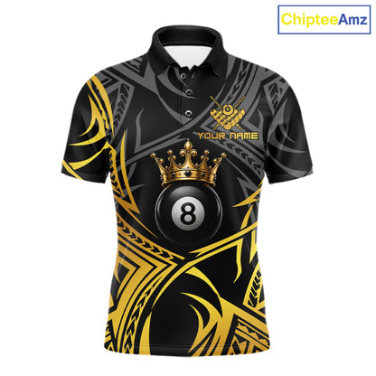 Gold Tribal Crown men's 8 Ball billiard polo featuring royal crown graphics, tribal artwork, personalized cue sports jersey, custom APA pool tournament apparel, championship athletic performance clothing