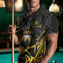 Load image into Gallery viewer, Male model wearing Gold Tribal Crown 9 Ball billiard polo featuring premium tribal artwork, personalized APA tournament jersey, championship athletic cue sports clothing with luxury styling