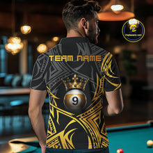 Load image into Gallery viewer, Male model wearing Gold Tribal Crown 9 Ball billiard polo featuring premium tribal artwork, personalized APA tournament jersey, championship athletic cue sports clothing with luxury styling
