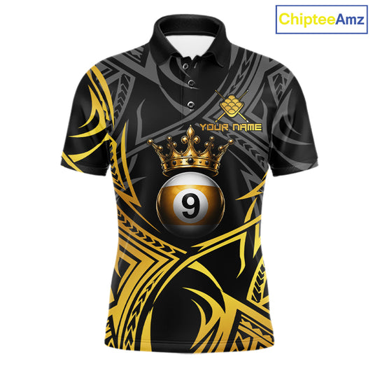 Gold Tribal Crown men's 9 Ball billiard polo featuring elegant crown graphics, tribal patterns, personalized pool league jersey, championship cue sports apparel, premium athletic performance uniform