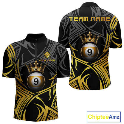Gold Tribal Crown men's quarter-zip 9 Ball billiard jersey featuring tribal crown artwork, custom pool tournament apparel, personalized cue sports performance jersey, premium athletic clothing