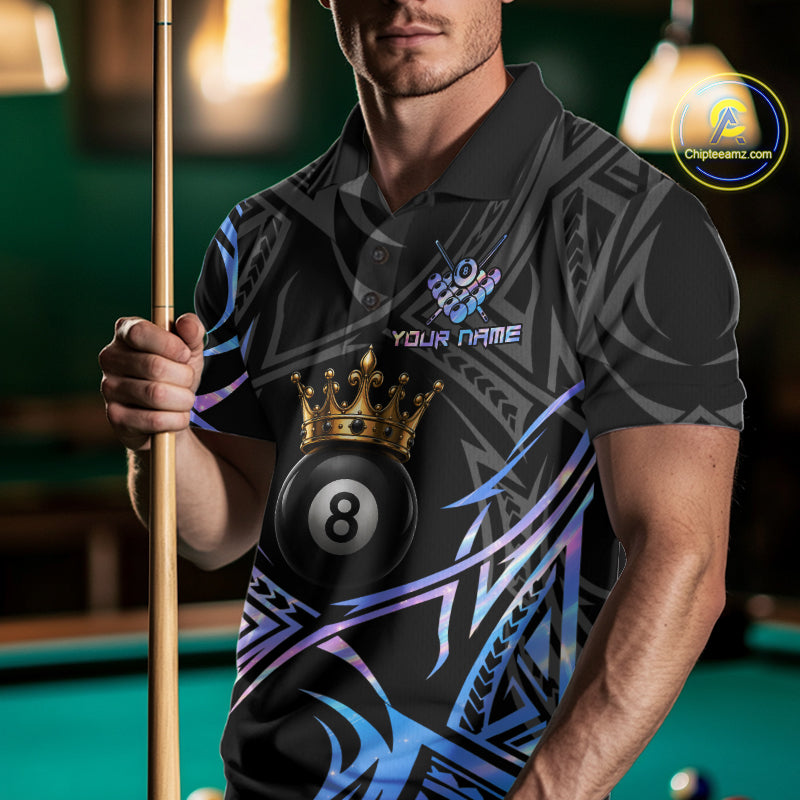 Male model wearing Holographic Tribal Crown billiard polo featuring holographic tribal artwork, personalized APA tournament jersey, premium athletic cue sports clothing inspired by modern performance fashion
