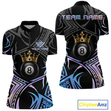 Load image into Gallery viewer, Holographic Tribal Crown women's quarter-zip billiard jersey featuring shimmering tribal crown artwork, personalized 8 Ball tournament shirt, APA league apparel, futuristic cue sports performance clothing