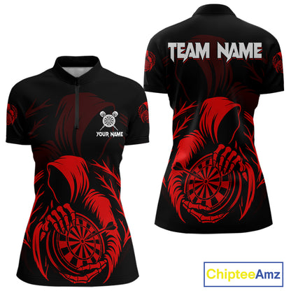 Custom Black And Red Grim Reaper Dartboard Dart Women 1/4-Zip Shirt Outfits Dart Jerseys NYN1636