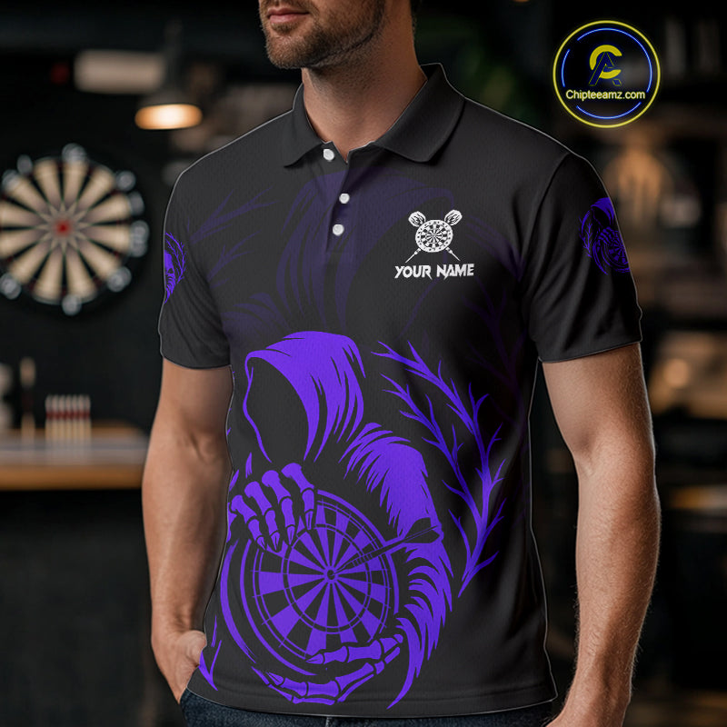 Custom Black And Purple Grim Reaper Dartboard Dart Men Polo Shirt Outfits Dart Jerseys NYN1637