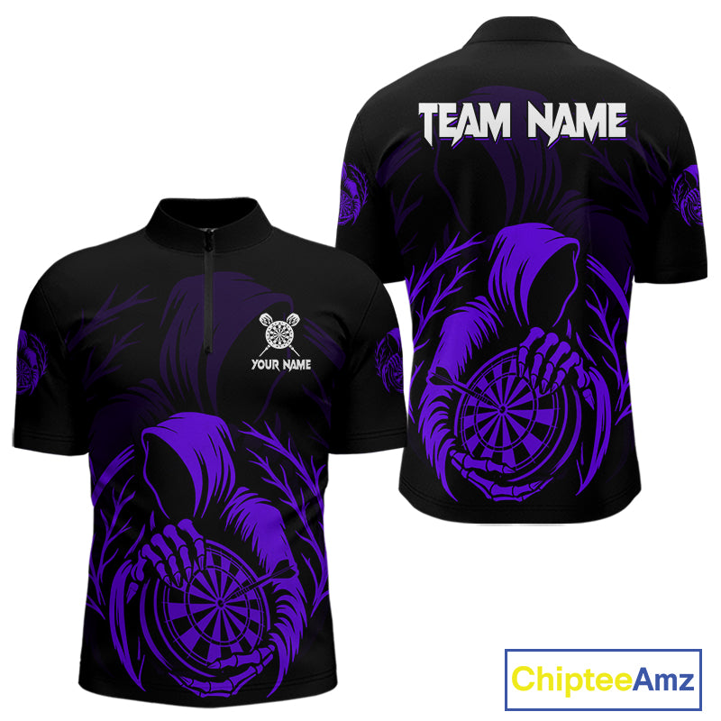 Custom Black And Purple Grim Reaper Dartboard Dart Men 1/4-Zip Shirt Outfits Dart Jerseys NYN1637
