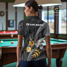 Load image into Gallery viewer, Female model wearing Funny Bee billiard polo featuring personalized 8 Ball &amp; 9 Ball pool jersey, professional cue sports apparel, cheerful mascot performance clothing for league competition