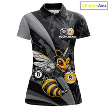 Load image into Gallery viewer, Grey Funny Bee women's billiard polo featuring adorable bee mascot, personalized 8 Ball &amp; 9 Ball tournament jersey, APA cue sports apparel, custom pool league performance shirt, championship athletic uniform