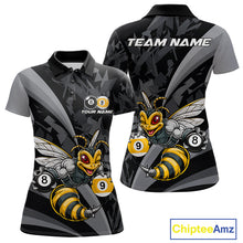 Load image into Gallery viewer, Grey Funny Bee women's billiard polo featuring adorable bee mascot, personalized 8 Ball &amp; 9 Ball tournament jersey, APA cue sports apparel, custom pool league performance shirt, championship athletic uniform