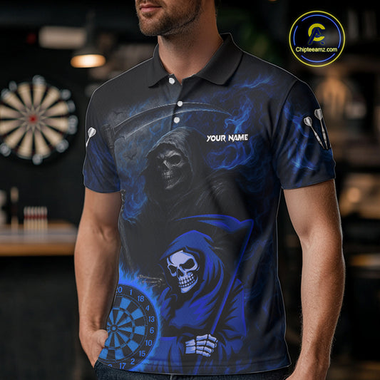 Custom Blue Smokes Flame Dartboard Grim Reaper Dart Men Polo Jerseys Dart Team Shirt NYN1655