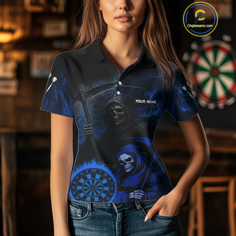 Custom Blue Smokes Flame Dartboard Grim Reaper Dart Women Polo Jerseys Dart Team Shirt NYN1655