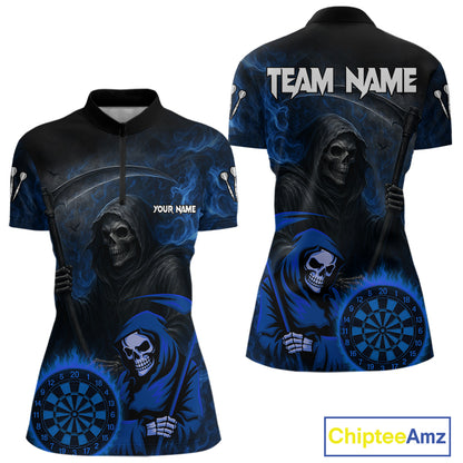 Custom Blue Smokes Flame Dartboard Grim Reaper Dart Women Quarter-Zip Jerseys Dart Team Shirt NYN1655