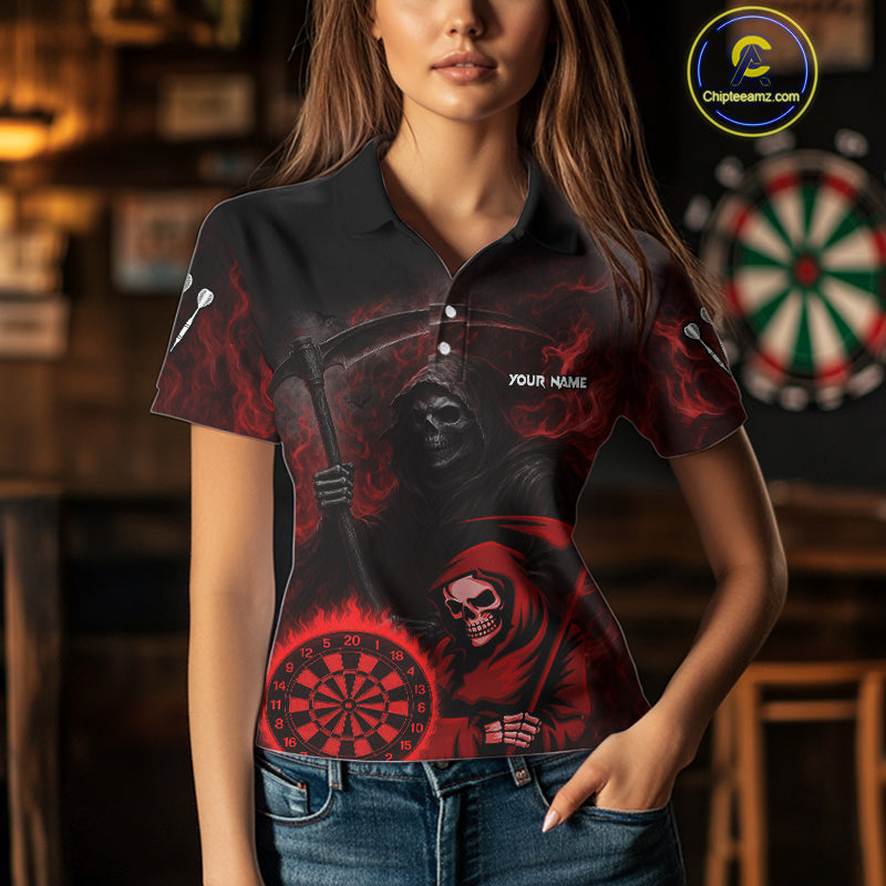 Custom Red Smokes Flame Dartboard Grim Reaper Dart Women Polo Jerseys Dart Team Shirt NYN1656