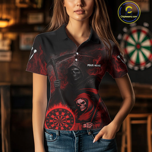 Custom Red Smokes Flame Dartboard Grim Reaper Dart Women Polo Jerseys Dart Team Shirt NYN1656