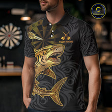 Load image into Gallery viewer, Personalized Black &amp; Gold Funny Shark Tribal Dart Polo Shirts Men Dart Team Jerseys NYN2186