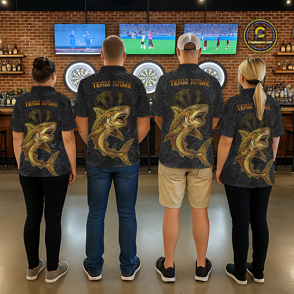 Personalized Black & Gold Funny Shark Tribal Dart Polo Shirts Men Dart Team Jerseys NYN2186