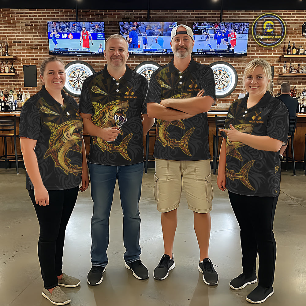 Personalized Black & Gold Funny Shark Tribal Dart Polo Shirts Men Dart Team Jerseys NYN2186