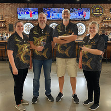 Load image into Gallery viewer, Personalized Black &amp; Gold Funny Shark Tribal Dart Polo Shirts Men Dart Team Jerseys NYN2186