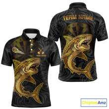 Load image into Gallery viewer, Personalized Black &amp; Gold Funny Shark Tribal Dart Polo Shirts Men Dart Team Jerseys NYN2186
