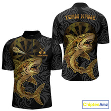 Load image into Gallery viewer, Personalized Black &amp; Gold Funny Shark Tribal Dart Quarter-Zip Shirts Men Dart Team Jerseys NYN2186