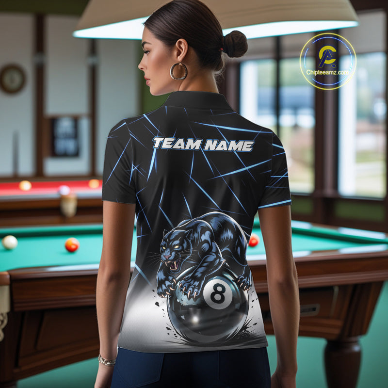 Blue Funny Panther 8 Ball Pool Polo & 1/4-Zip Team Shirt For Women Custom 3D Billiards Ball Apparel NYN2462
