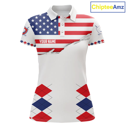Womens US Flag Golf Shirts Patriotic Golf Jersey Custom Red And Blue Golf Polo Clothes, Golf Gifts NYN3054