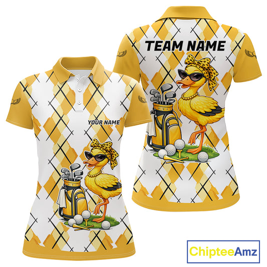 Womens Funny Duck Golfer Polo Golf Shirts Custom White Yellow Argyle Golf Team Attire For Golfers NYN3057