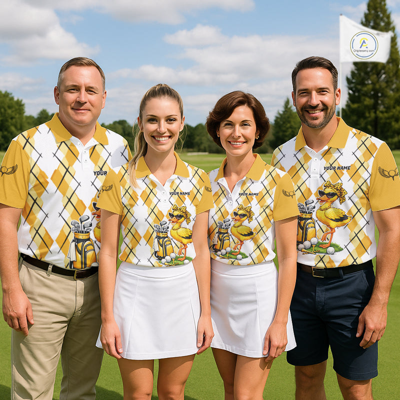 Mens Funny Duck Golfer Polo Golf Shirts Custom White Yellow Argyle Golf Team Attire For Golfers NYN3057
