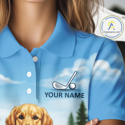 Woman wearing Golden Retriever golf polo shirt on golf course matching couples golf outfit