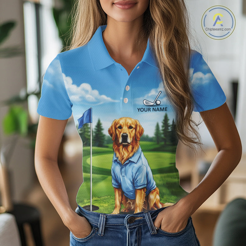 Woman wearing Golden Retriever golf polo shirt on golf course matching couples golf outfit