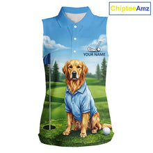 Load image into Gallery viewer, Women's Golden Retriever golf sleeveless polo shirt mockup custom funny golf shirt matching couples golf apparel