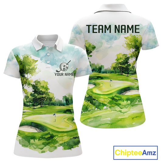 Women's green watercolor golf course polo shirt mockup personalized golf apparel