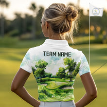 Load image into Gallery viewer, Woman wearing watercolor golf course golf polo shirt on fairway