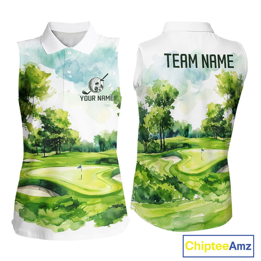 Women's green watercolor golf course polo shirt mockup personalized golf apparel