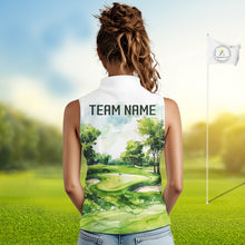 Load image into Gallery viewer, Woman wearing watercolor golf course golf sleeveless polo shirt on fairway