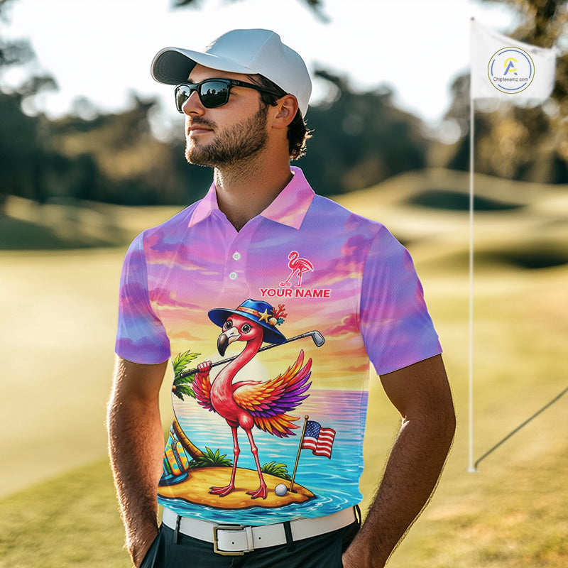 Man wearing flamingo island golf polo shirt on golf course