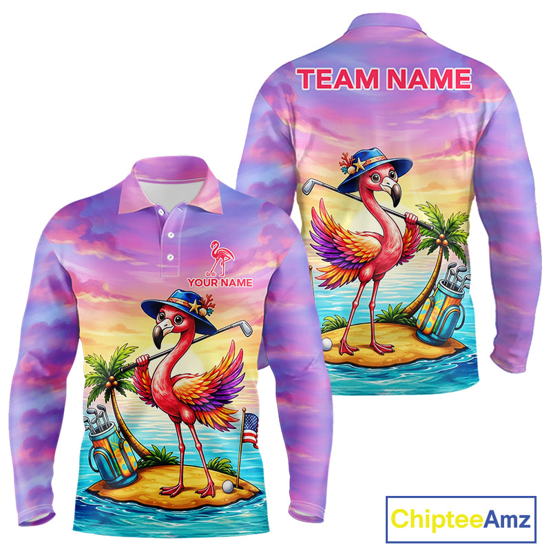 Men's flamingo island golf ball polo shirt mockup tropical golf attire