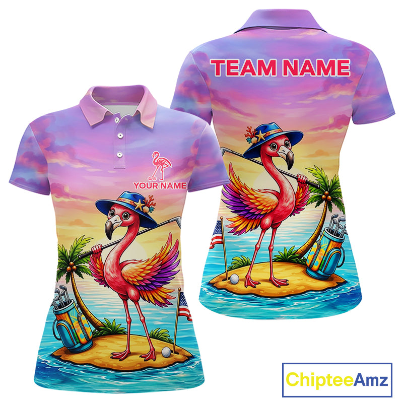 Women's flamingo island golf ball polo shirt mockup tropical golf attire