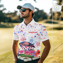 Load image into Gallery viewer, Male golfer wearing patriotic flamingo golf polo during championship tournament, moisture-wicking golf apparel representing leadership, freedom, confidence and national pride