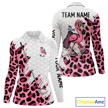 Camouflage Womens Golf Polo Shirt Custom Pink Funny Flamingo Pattern White Golf Team Shirts NYN2835