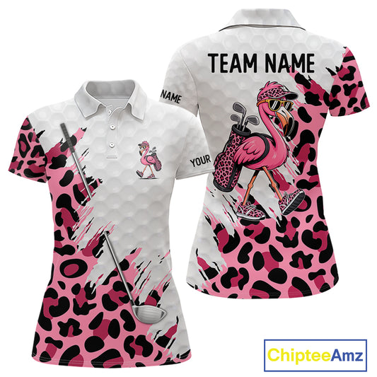 Camouflage Womens Golf Polo Shirt Custom Pink Funny Flamingo Pattern White Golf Team Shirts NYN2835