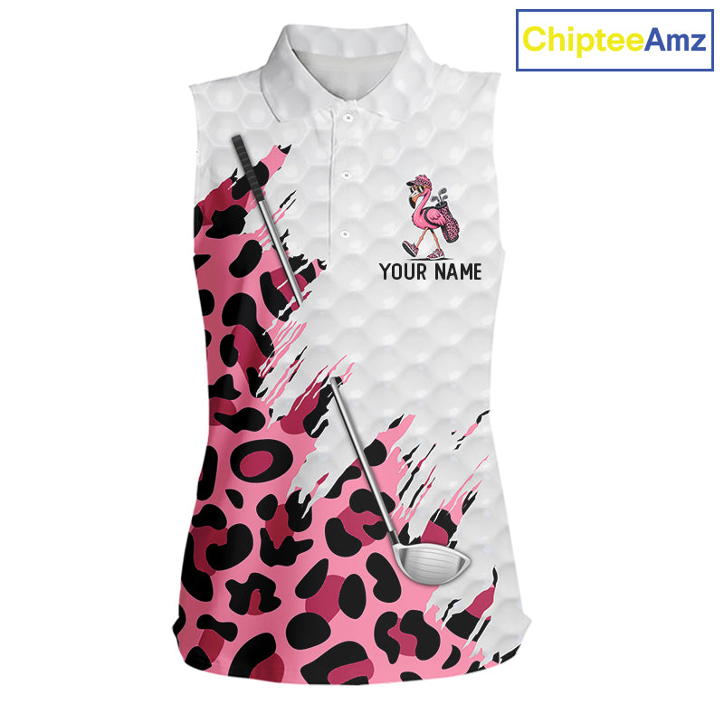 Camouflage Womens Golf Sleeveless Polo Shirt Custom Pink Funny Flamingo Pattern White Golf Team Shirts NYN2835