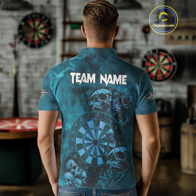 Custom Grunge Turquoise Dartboard Multi-Skull Dart Men Polo Shirt Dart Team Jerseys NYN1623