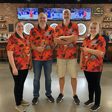 Load image into Gallery viewer, Men's dart team wearing orange fire tornado dart jerseys tournament uniforms