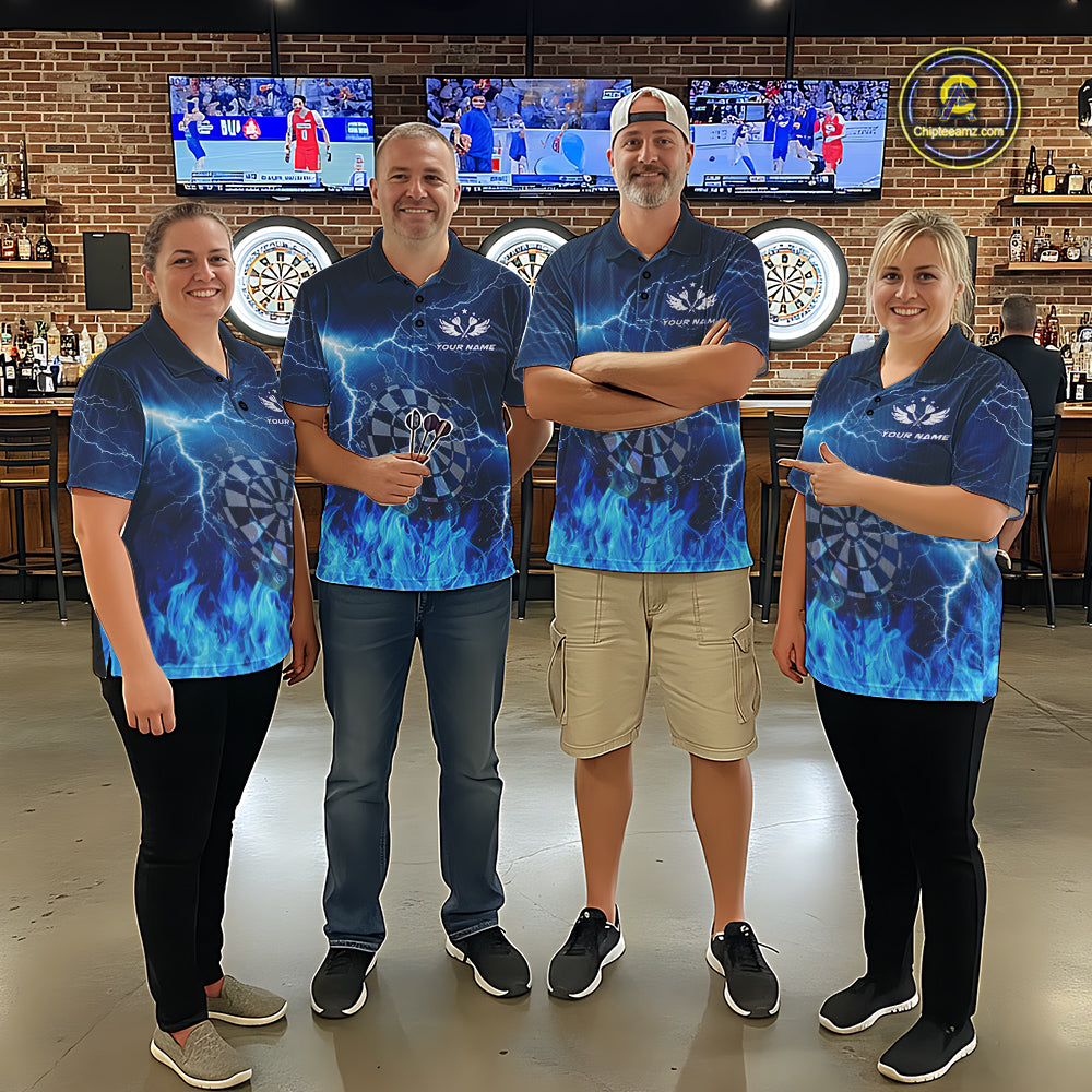Mixed darts team wearing matching Thunder Blue Flames custom polo and quarter-zip jerseys, personalized league uniforms, tournament apparel, sports bar championship, teamwork, unity, competitive excellence