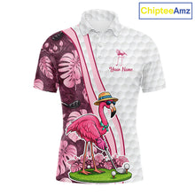 Load image into Gallery viewer, Funny Flamingo Mens Golf Polo Shirt Custom Pink And Purple Monstera Pattern White Golf Shirts NYN2841